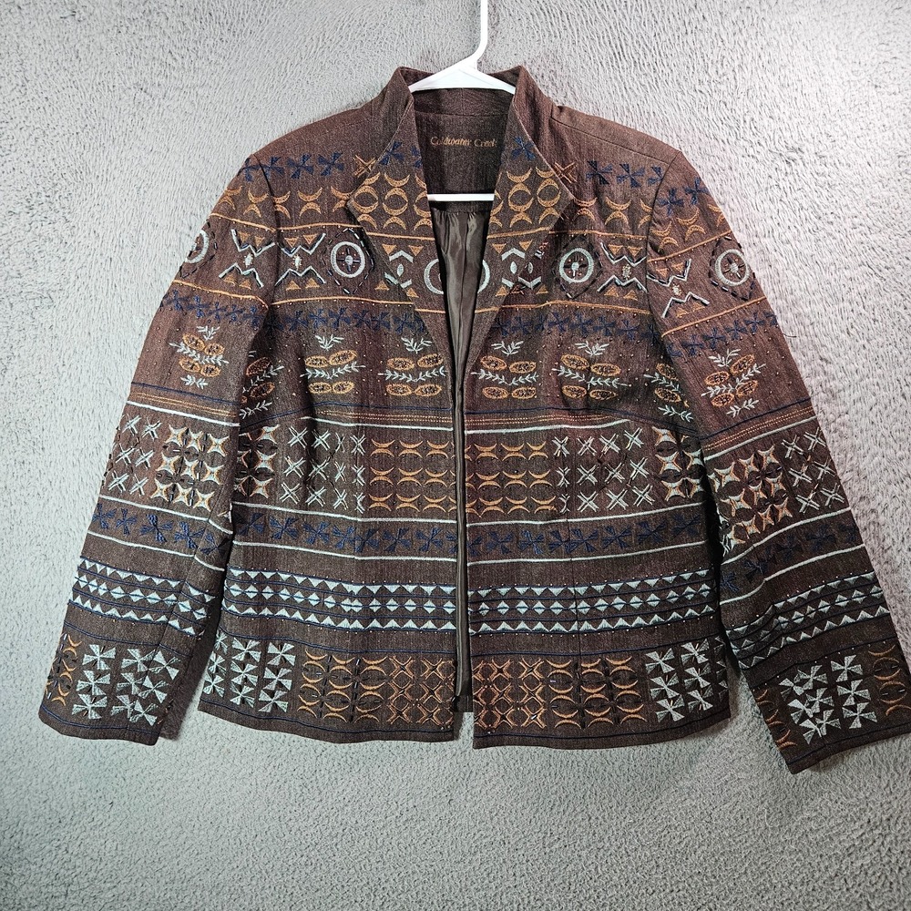 Coldwater Creek Embroidered Blazer Jacket Size 14 Artsy Bead Embellished Brown